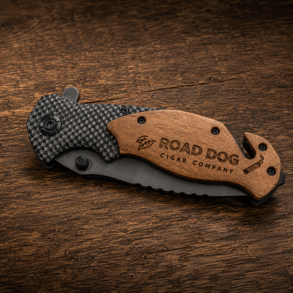 COMPANY LASER ENGRAVED WOODEN HANDLE FOLDING POCKET KNIFE