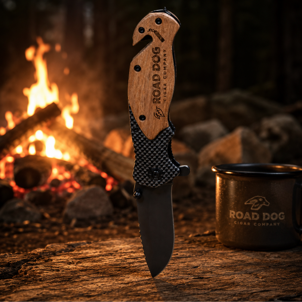 COMPANY LASER ENGRAVED WOODEN HANDLE FOLDING POCKET KNIFE
