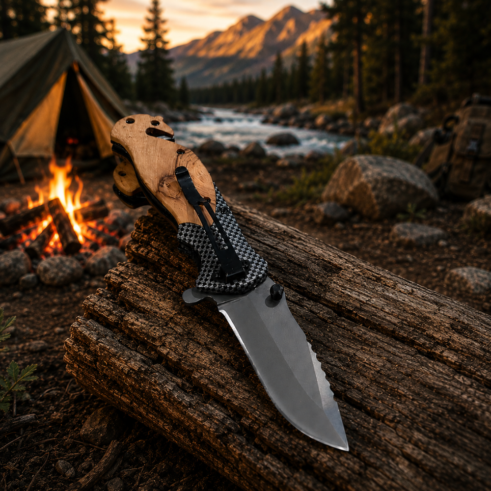 COMPANY LASER ENGRAVED WOODEN HANDLE FOLDING POCKET KNIFE