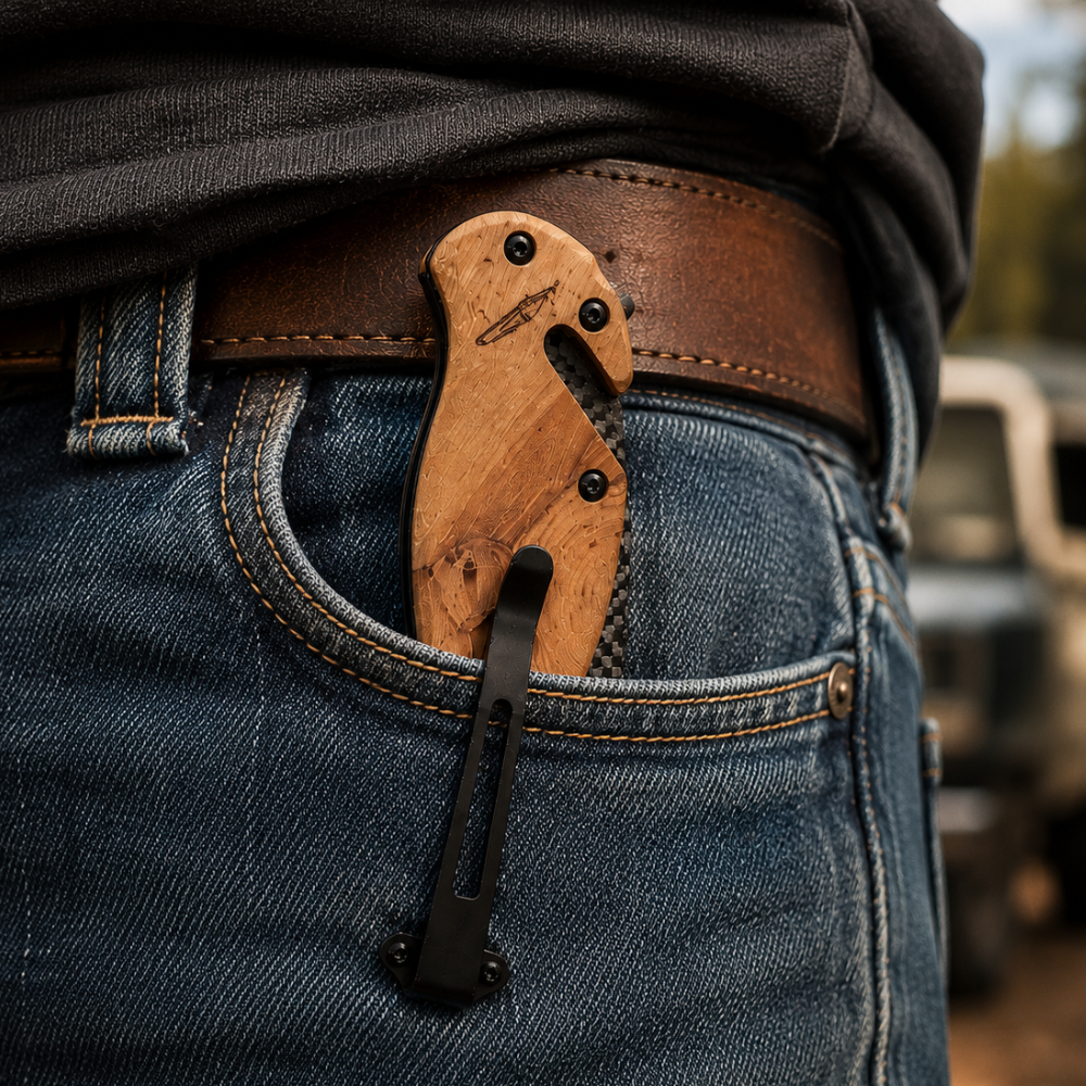COMPANY LASER ENGRAVED WOODEN HANDLE FOLDING POCKET KNIFE